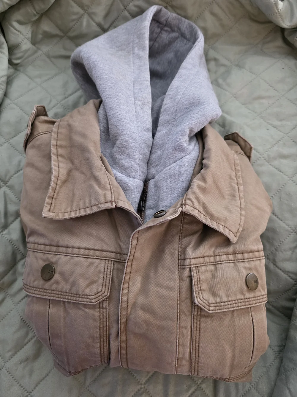 Old Navy Kids 10-12 Large Khaki Utility Jacket with Grey Hooded Liner